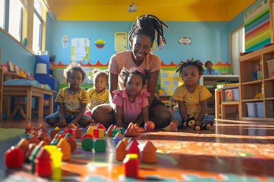 A bright classroom with a teacher and children